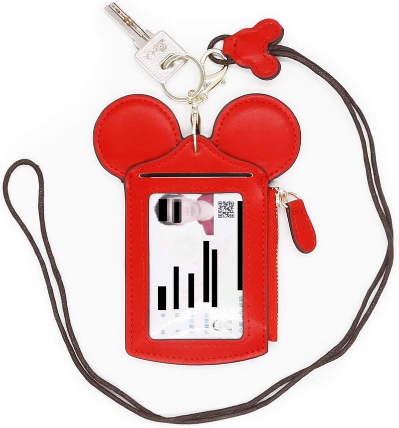 QiMing Mouse Ears Card Holder,PU Lovely Lanyard Family Toys for Girl Woman - Image 1